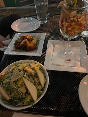 Pear & Gorgonzola salad, palm cakes, oyster mushroom ceviche  at Darbster in West Palm Beach