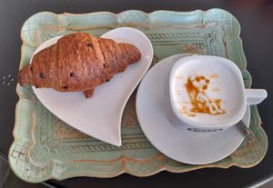 A chocolate & blueberry croissant and a stylish soy milk at Sophie Bistrot and Bakery in Padua