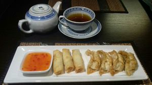 Vegan spring rolls and vegan gyoza at Yathida Noodle House in Ypres
