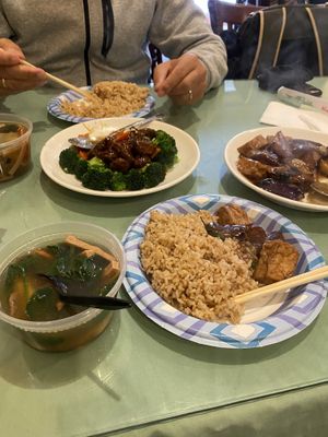 Wonton soup, braised spare ribs with broccoli. Eggplant & tofu with brown rice! at Enjoy Vegetarian - Financial District in San Francisco