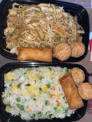 Chow mein, veggie rolls, veggie fried rice and yummy mystery sesame seed balls. Sooo good at Enjoy Vegetarian - Financial District in San Francisco