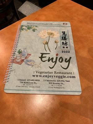 The enjoy menu  at Enjoy Vegetarian - Financial District in San Francisco