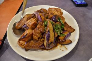 My favorite: Basil, Eggplant and Deep Fried Tofu in Satay Sauce. at Enjoy Vegetarian - Financial District in San Francisco