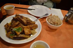 Basil Eggplant Deep Fried Tofu with brown rice at Enjoy Vegetarian - Financial District in San Francisco