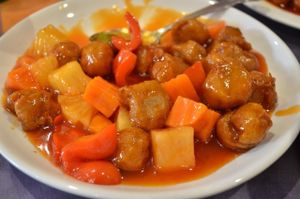 Sweet & Sour Sauce Soy Chicken, Bell Peppers & Pineapple - not so good, I would not recommend at Enjoy Vegetarian - Financial District in San Francisco