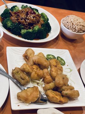 Fried pumpkin and General Tso’s  at Enjoy Vegetarian - Financial District in San Francisco