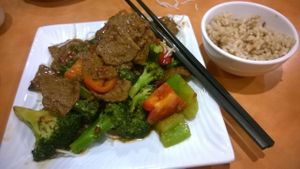 Seitan Beef & Broccoli with brown rice at Enjoy Vegetarian - Financial District in San Francisco
