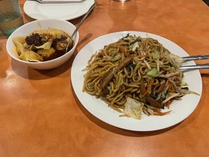 Spicy wontons and “Chicken” chow mein  at Enjoy Vegetarian - Financial District in San Francisco