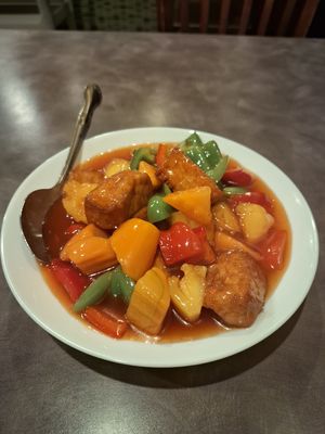 Sweat and sour tofu with green red pepper and pineaple at Enjoy Vegetarian - Financial District in San Francisco