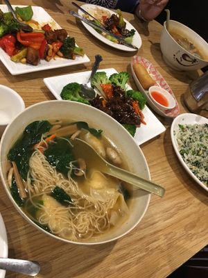 Wonton soup, Kung Pao Chicken, Spring Rolls, Spare ribs, and Spinach and pine nut fried rice  at Enjoy Vegetarian - Financial District in San Francisco