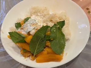 Mango sticky rice with coconut sauce at Enjoy Vegetarian - Financial District in San Francisco