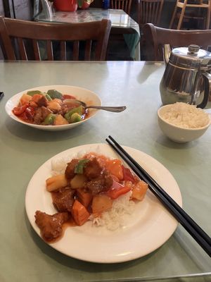 Sweet and sour chicken with white rice   at Enjoy Vegetarian - Financial District in San Francisco