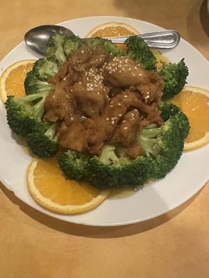 Orange chicken and broccolii  at Enjoy Vegetarian - Financial District in San Francisco