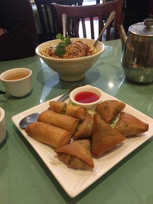 Samosas and veggie rolls at Enjoy Vegetarian - Financial District in San Francisco
