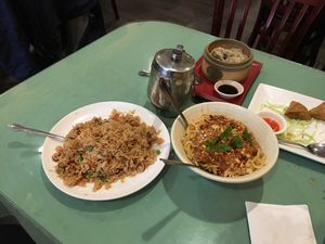Fried rice + noodles with saucy peanut sauce at Enjoy Vegetarian - Financial District in San Francisco