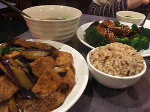 General tso chicken, tofu and eggplant satay, vegetable soup.  at Enjoy Vegetarian - Financial District in San Francisco
