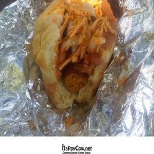 chili cheese dog with vegan chili and Daiya at City Dogs - Food Cart in Salt Lake City