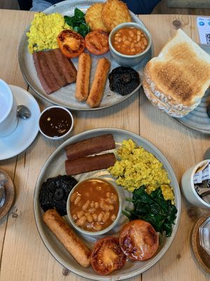 Vegan breakfasts- the bigger one at the top (extra toast, bacon, sausage and has has browns)   at Potts Coffee in Liverpool