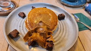 Standard pancake stack with brownie and biscoff spread at Potts Coffee in Liverpool