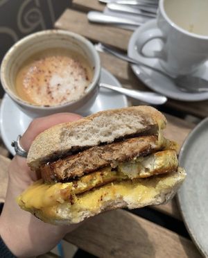 Sausage and tofu patty muffin   at Potts Coffee in Liverpool