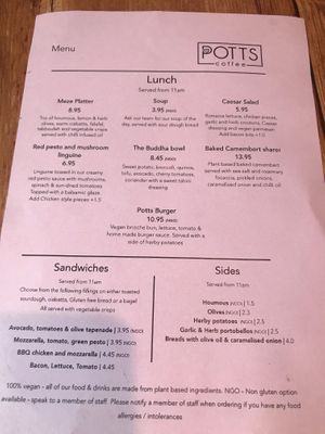 Potts coffee menu at Potts Coffee in Liverpool
