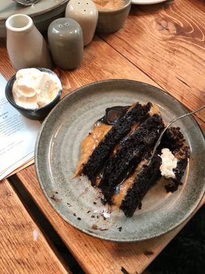 Salted caramel cake, warm with  ice cream  at Potts Coffee in Liverpool