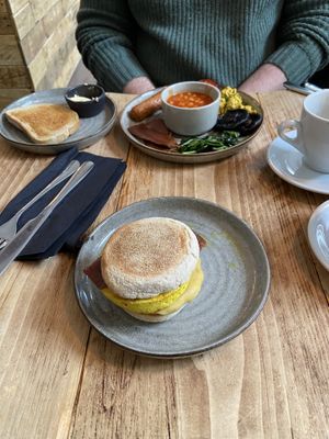 Vegan egg & sausage muffin with added bacon / traditional breakfast  at Potts Coffee in Liverpool