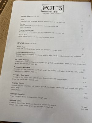Fully vegan breakfast/brunch menu at Potts Coffee in Liverpool