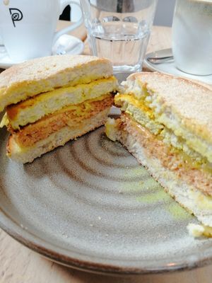 Sausage and egg (tofu) muffin at Potts Coffee in Liverpool