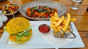 Burger, gnocchi and roast veges at The Fat Duck in Te Anau