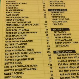 menu at Murugan in Chennai