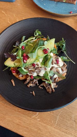 Sweetpotato base with Quinoa-Paprika-Creme, Humus, Avocado, Spinach and Mushrooms at Goldsheim Coffee in Dusseldorf