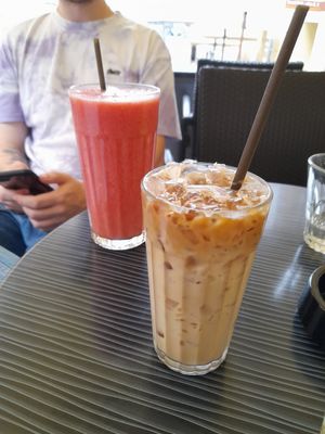 Ice Coffe with plant based milk and juice at Roots in Zagreb