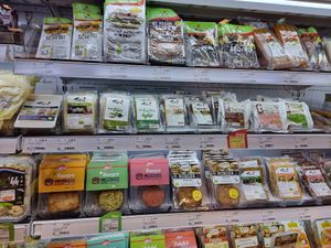 Vegan products in fridge at Naturata in Dudelange