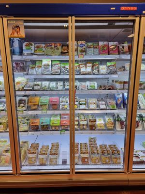 Vegan products in fridge at Naturata in Dudelange