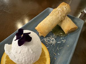 Deep fried banana with coconut cream  at Khu Khu in Auckland