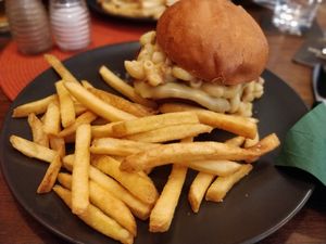 Dirty Mac Burger, pasta in a burger tastes amazing. at Rad Apples in Dundee