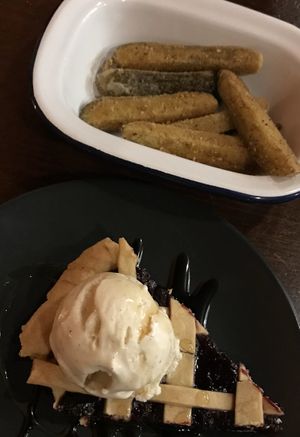Fried pickles and berry pie with ice cream  at Rad Apples in Dundee