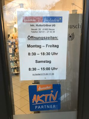 Öffnungszeiten  at Bioladen Kleeblatt in Neuss