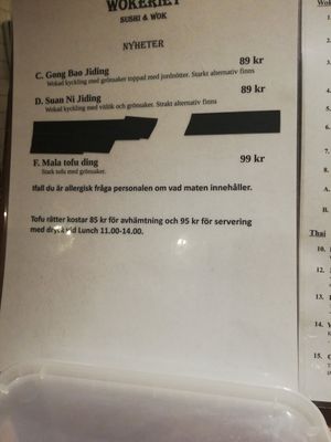 Menu with mala tofu ding at Wokeriet in Stockholm