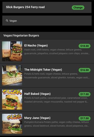 The vegan menu items (January 2023) at Slick Burgers in Christchurch