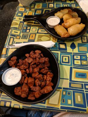 Buffalo seitan bites and jalapeno poppers at Crust and Crumble in Asbury Park