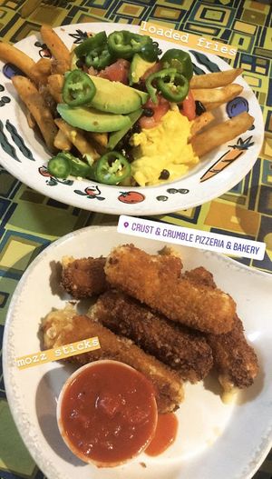 Nacho fries & vegan Mozz sticks! So good at Crust and Crumble in Asbury Park
