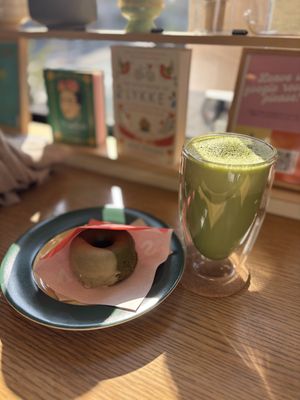 Matcha soy latte (large) + Adzuki and matcha donut  at Whyte - VENUTS in Tokyo