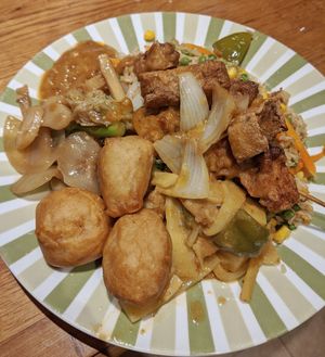 Chikk'n balls, satay skewers, salt & pepper tofu and tofu and vegetable curry. at 9 Dragons in Folkestone