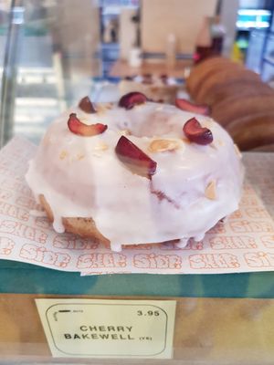 Cherry bakewell donut at Siop Shop in Manchester