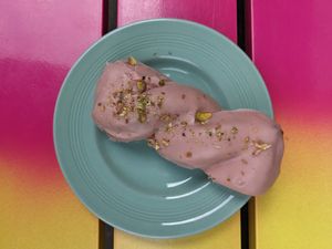 Strawberry pistachio donut at Siop Shop in Manchester