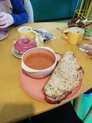 Tomato, black bean and coconut soup with sourdough! at Siop Shop in Manchester