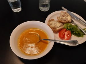 Soup with bread from the buffet table at Ani's Café in Porvoo