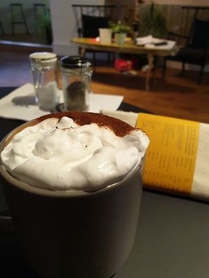 Soya hot chocolate with squirty cream at Lilith's  in Cheltenham